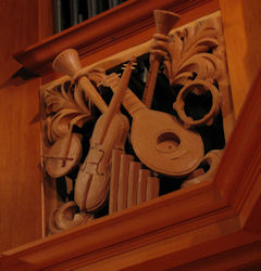 pipe shade carving, Carved ornament & flower, Fritts pipe organ, Grace Lutheran, Tacoma, WA